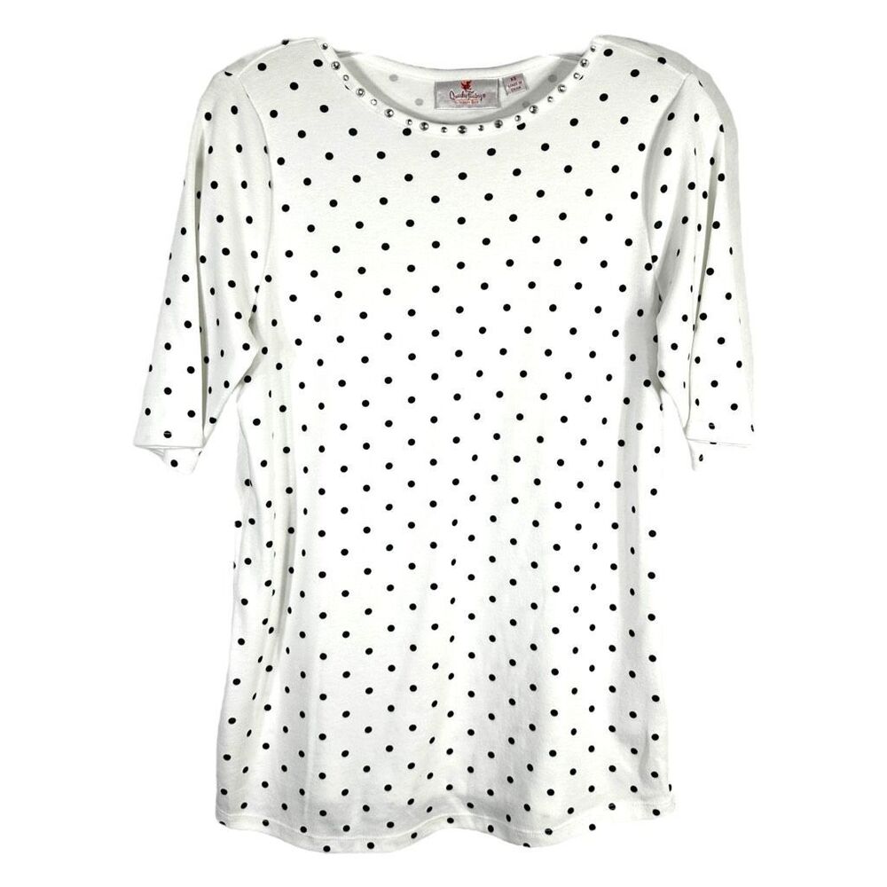 Quacker Factory XS Top White Polka Dot Rhinestone Crew‎ Neck Short Sleeve 389